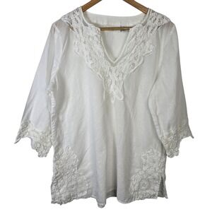 Chicos White Lace Trim Tunic‎ 3/4 Sleeve V-Neck Linen Cotton Boho Beach Size L